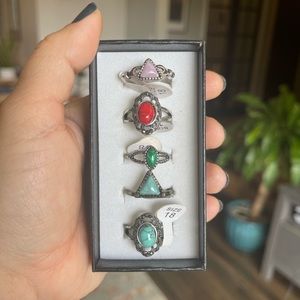 NWT Five Bohemian Jeweled Silver Turquoise Ring Set Bundle Size 8